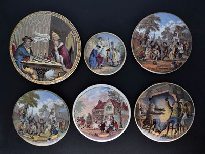 Lot 475 - Six 19th century Pratt ware pot lids A False Move, The Village Wedding, etc