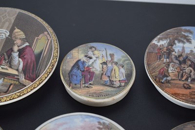 Lot 475 - Six 19th century Pratt ware pot lids A False Move, The Village Wedding, etc