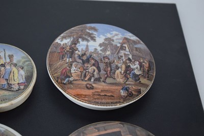 Lot 475 - Six 19th century Pratt ware pot lids A False Move, The Village Wedding, etc