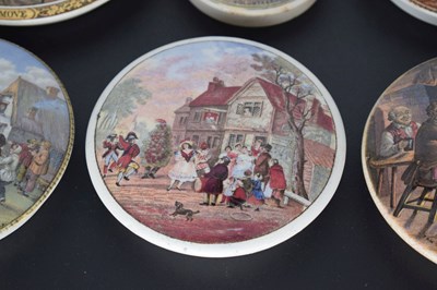 Lot 475 - Six 19th century Pratt ware pot lids A False Move, The Village Wedding, etc