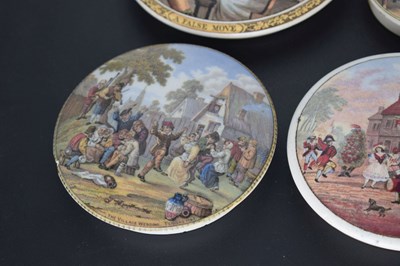 Lot 475 - Six 19th century Pratt ware pot lids A False Move, The Village Wedding, etc
