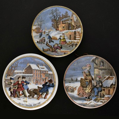 Lot 476 - Three 19th century Pratt ware pot lids Dangerous Skating, Alas Poor Bruin, and Dutch Winter Scene