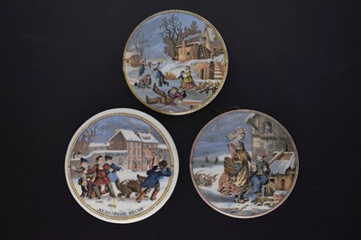 Lot 476 - Three 19th century Pratt ware pot lids Dangerous Skating, Alas Poor Bruin, and Dutch Winter Scene