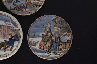 Lot 476 - Three 19th century Pratt ware pot lids Dangerous Skating, Alas Poor Bruin, and Dutch Winter Scene