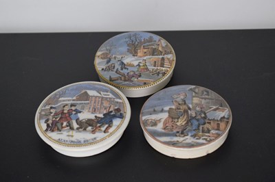 Lot 476 - Three 19th century Pratt ware pot lids Dangerous Skating, Alas Poor Bruin, and Dutch Winter Scene