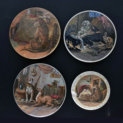 Lot 478 - Four 19th century Pratt ware pot lids featuring dogs Contrast, High Life, etc