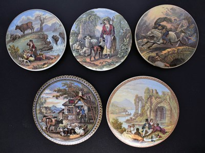 Lot 479 - Five 19th century Pratt ware pot lids The Red Bull Inn, The Waterfall, Tam O'Shanter, etc