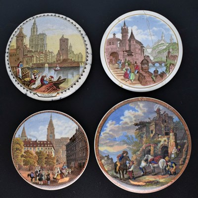 Lot 480 - Four 19th century Pratt ware pot lids featuring Continental scenes