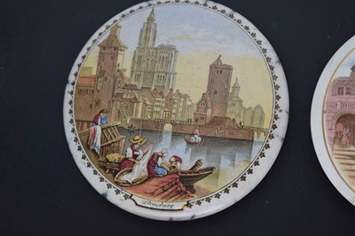 Lot 480 - Four 19th century Pratt ware pot lids featuring Continental scenes