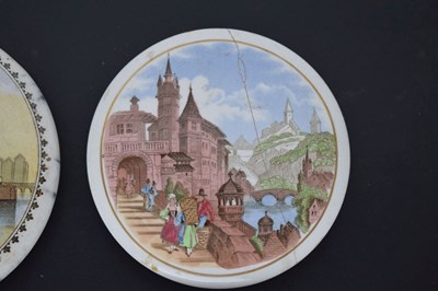 Lot 480 - Four 19th century Pratt ware pot lids featuring Continental scenes