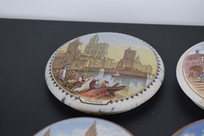 Lot 480 - Four 19th century Pratt ware pot lids featuring Continental scenes