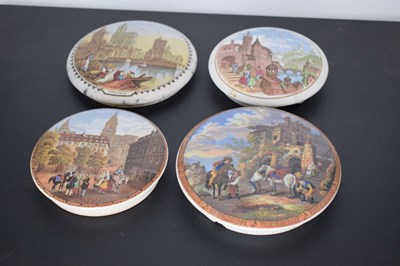 Lot 480 - Four 19th century Pratt ware pot lids featuring Continental scenes