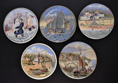 Lot 482 - Five 19th century Pratt ware pot lids featuring Pegwell Bay, Hauling in the Trawl, etc