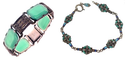 Lot 61 - Marcasite and green panel Art Deco bracelet, and a silver and enamel bracelet