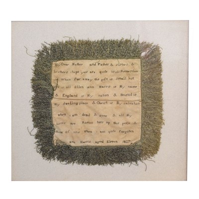 Lot 596 - Bristol Interest - William IV small needlework sampler by Ellen Ann Harris