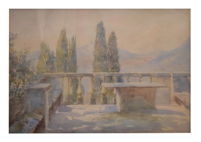 Lot 564 - B. Loughran - Watercolour - Continental mountainous view from a terrace