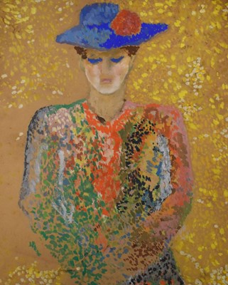 Lot 585 - Pointillist watercolour - Lady in blue hat