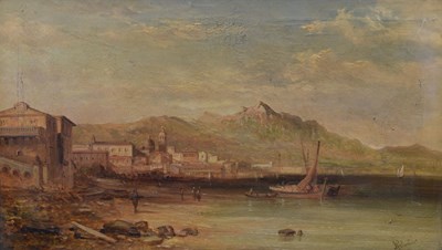 Lot 325 - Alfred Pollentine (1836-1890) - Oil on canvas - Mediterranean harbour scene, possibly Malaga