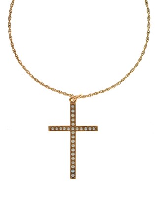 Lot 154 - Seed pearl yellow metal crucifix pendant, stamped '15ct'