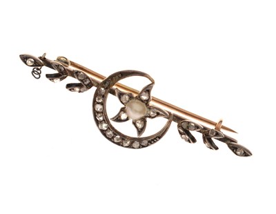 Lot 120 - Rose cut diamond and pearl crescent moon and star bar brooch