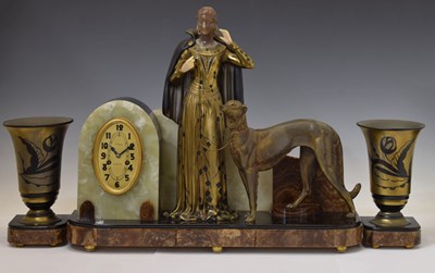 Lot 447 - French Art Deco onyx, slate and gilt spelter three piece clock garniture