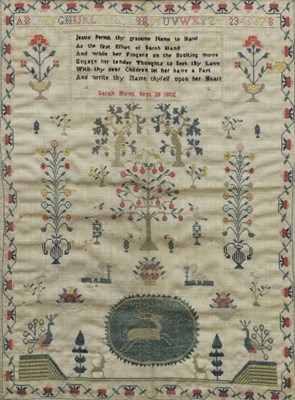 Lot 417 - George III needlework sampler, worked in petit point by Sarah Hunt, 1802