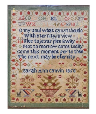 Lot 597 - Early Victorian needlework sampler, Sarah Ann Canvin 1850