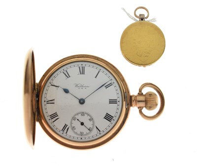 Lot 237 - Georgian gold Guinea fob and red stone initialled fob and Waltham pocket watch