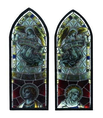 Lot 308 - Pair of lancet arched stained glass panels