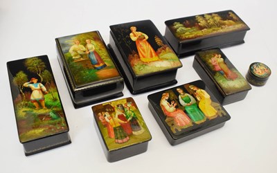 Lot 357 - Eight Russian Fedoskino lacquer boxes