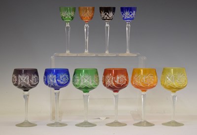 Lot 462 - Ten (6+4 smaller) coloured bowl wine glasses