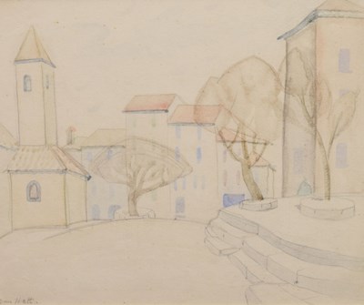 Lot 557 - Doris Hatt (British, 1890-1969) - Watercolour - Continental village scene with church