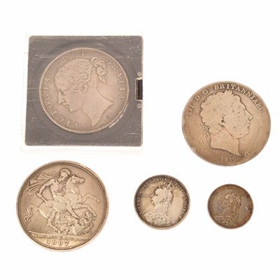 Lot 313 - George III silver crown, 1819 and Victorian crowns and coinage