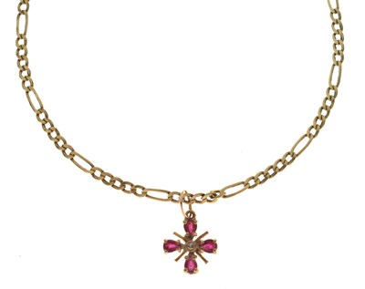 Lot 144 - 9ct gold Figaro link chain, with 9ct gold ruby and diamond cruciform pendant