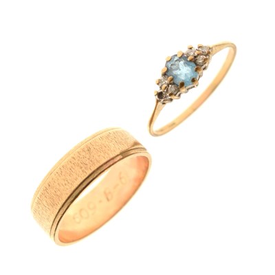 Lot 74 - 9ct gold wedding band and a blue topaz and diamond cluster 9ct gold ring