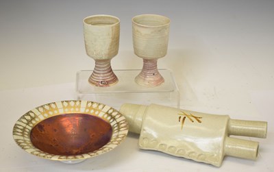 Lot 614 - Studio pottery footed bowl, pair of goblets and multi-neck vase