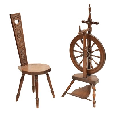 Lot 645 - 19th century treen spinning wheel and later spinning chair