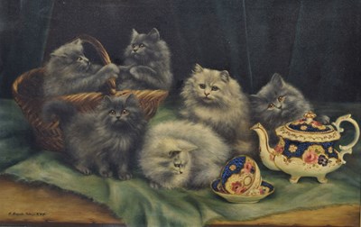 Lot 556 - Agnes Augusta Talboys RWA (British, 1863-1940) - Oil on canvas - Persian cats with teapot