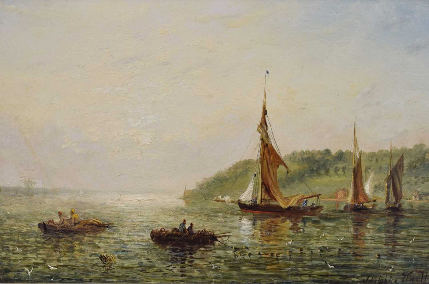 Lot 386 - William Adolphus Knell (British, 1802-1875) - Oil on board - Boats in coastal harbour