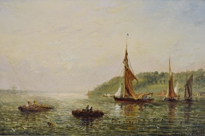 Lot 318 - William Adolphus Knell (British, 1802-1875) - Oil on board - Boats in coastal harbour