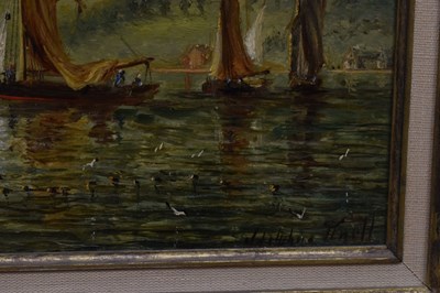 Lot 386 - William Adolphus Knell (British, 1802-1875) - Oil on board - Boats in coastal harbour