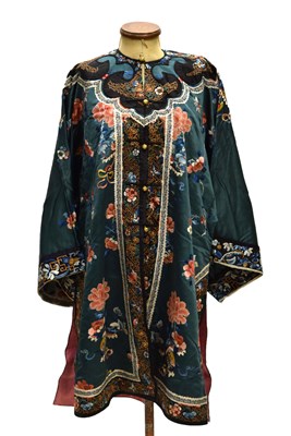 Lot 253 - Chinese embroidered silk sea green or teal green robe