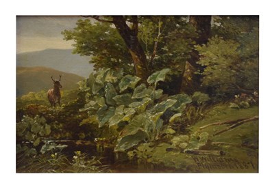 Lot 575 - William Williams of Plymouth, (1808-1895) - Oil on board - Stag in a landscape