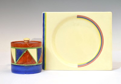 Lot 228 - Clarice Cliff 'Bizarre' drum preserve pot, plus a sandwich plate (2)