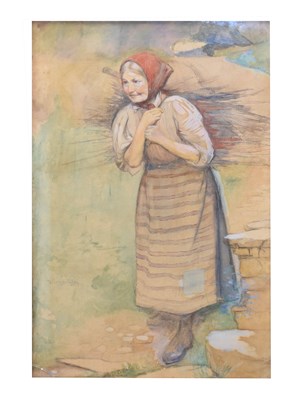 Lot 573 - David Forrester Wilson, RSA (Scottish, 1873-1950) - Watercolour - Woman carrying a bundle of sticks