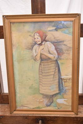 Lot 349 - David Forrester Wilson, RSA (Scottish, 1873-1950) - Watercolour - Woman carrying a bundle of sticks
