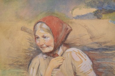 Lot 349 - David Forrester Wilson, RSA (Scottish, 1873-1950) - Watercolour - Woman carrying a bundle of sticks