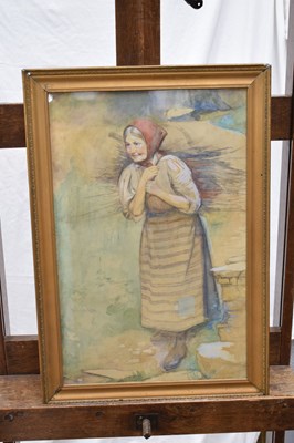 Lot 349 - David Forrester Wilson, RSA (Scottish, 1873-1950) - Watercolour - Woman carrying a bundle of sticks