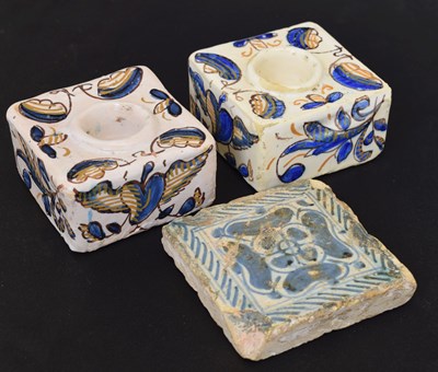 Lot 209 - Pair of Spanish majolicia (delft) salts and tile (3)