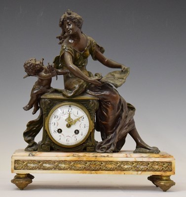 Lot 609 - French bronzed spelter and marble figural mantel clock